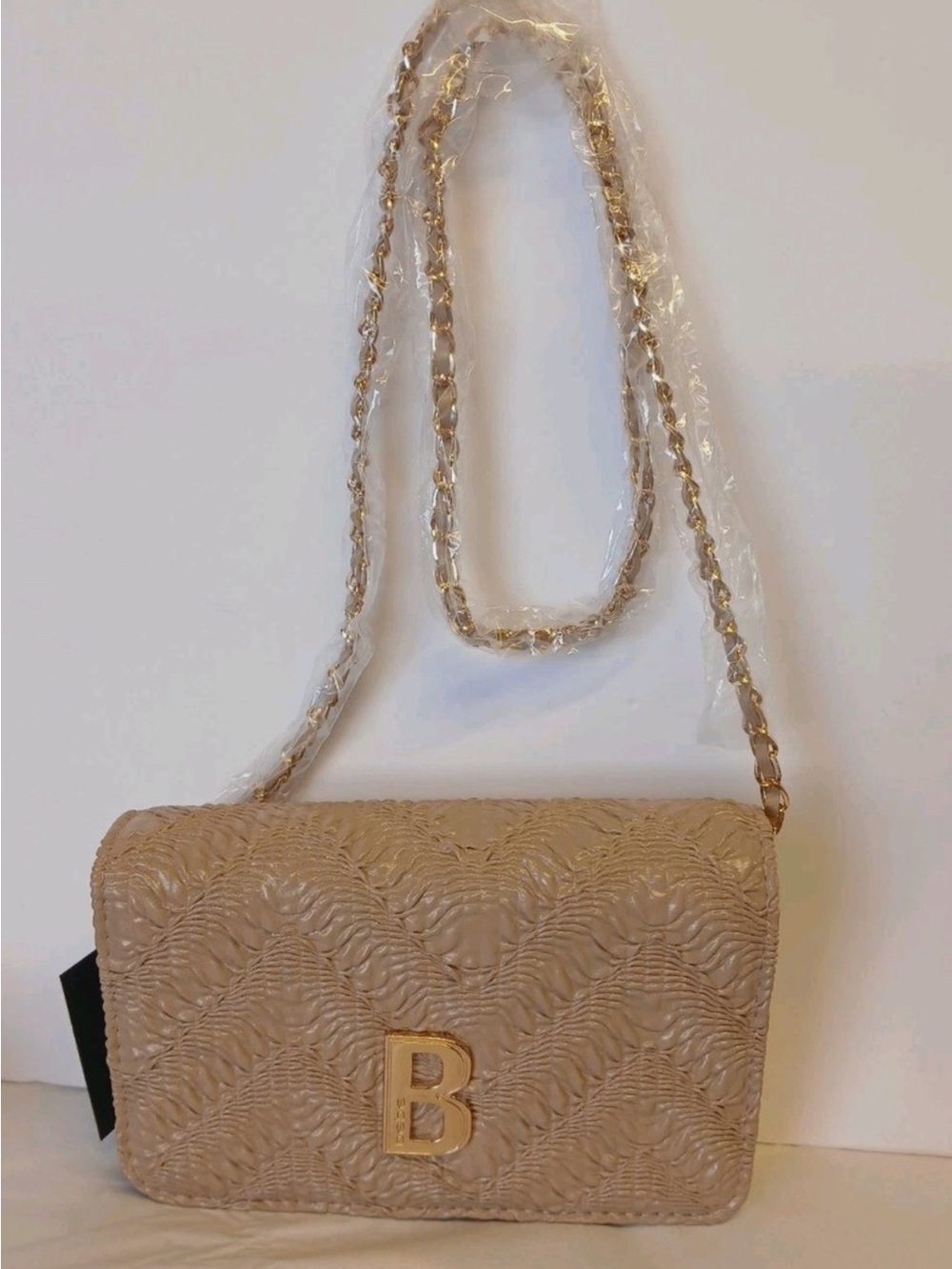bebe Quilted Textured Crossbody Bag in Beige with Gold-tone Chain